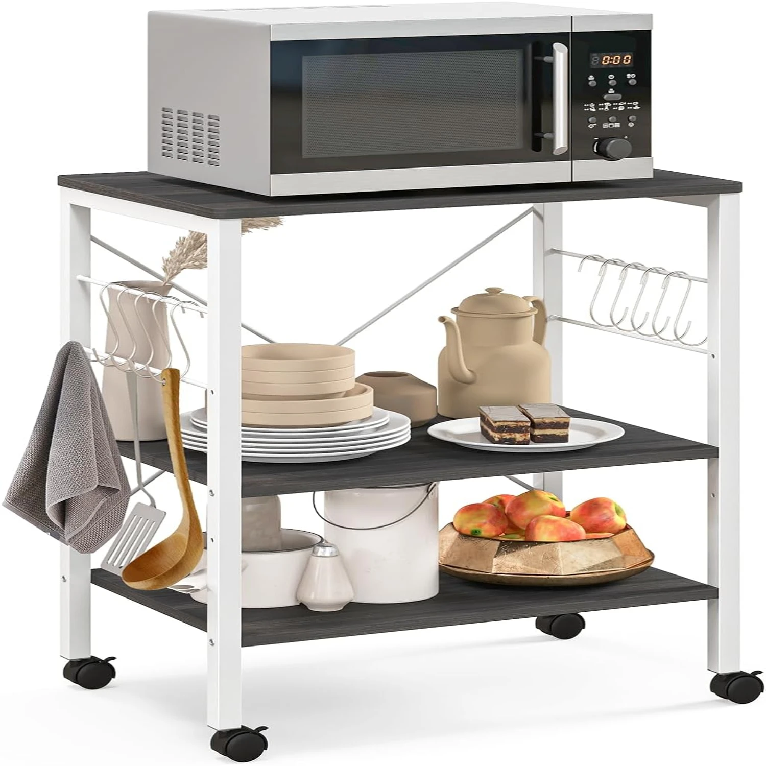 

Kitchen Bakers Rack 3-Tier Microwave Cart on Wheels, Industrial Utility Cart with 10 Hooks Metal Frame Wood Shelves, Rolling M