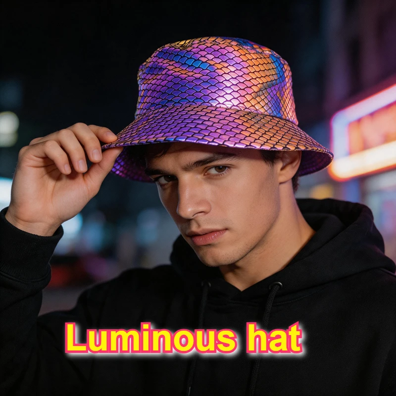 Luminous Rainbow Reflective Fashion Bucket Hats Flash Night Light Fisherman Hat for Night Fish Dancing Dark Vision Chic Apparel