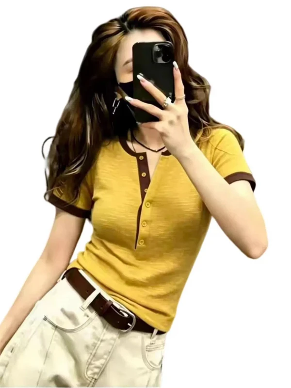 Korean Style Slim Fit Short Sleeve T-Shirt Women plus Size Summer Casual Contrast Color Top Fashionable Youthful plus Size