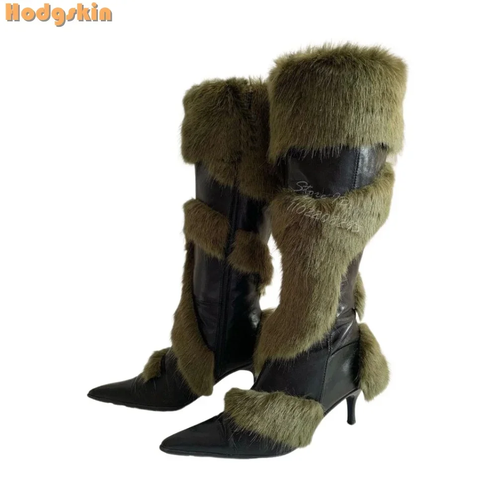 Faux Fur Patchwork Boots Retro Sewing PU Knee-high Boots 2025 Autumn New Women Fashion Shoes Pointed Toe Side Zipper Stiletto