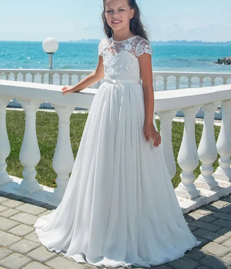 

Flower Girl Dresses Beaded Lace Soft Chiffon White First Communion Dress for Girls Customized Vestidos Longo