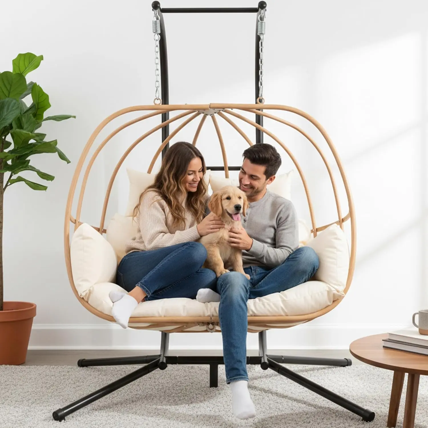 

All Weather Double Egg Chair Outdoor, Metal Hanging Egg Chairs Outdoor, 2 Person Oversized Swing Egg Chair, Beige