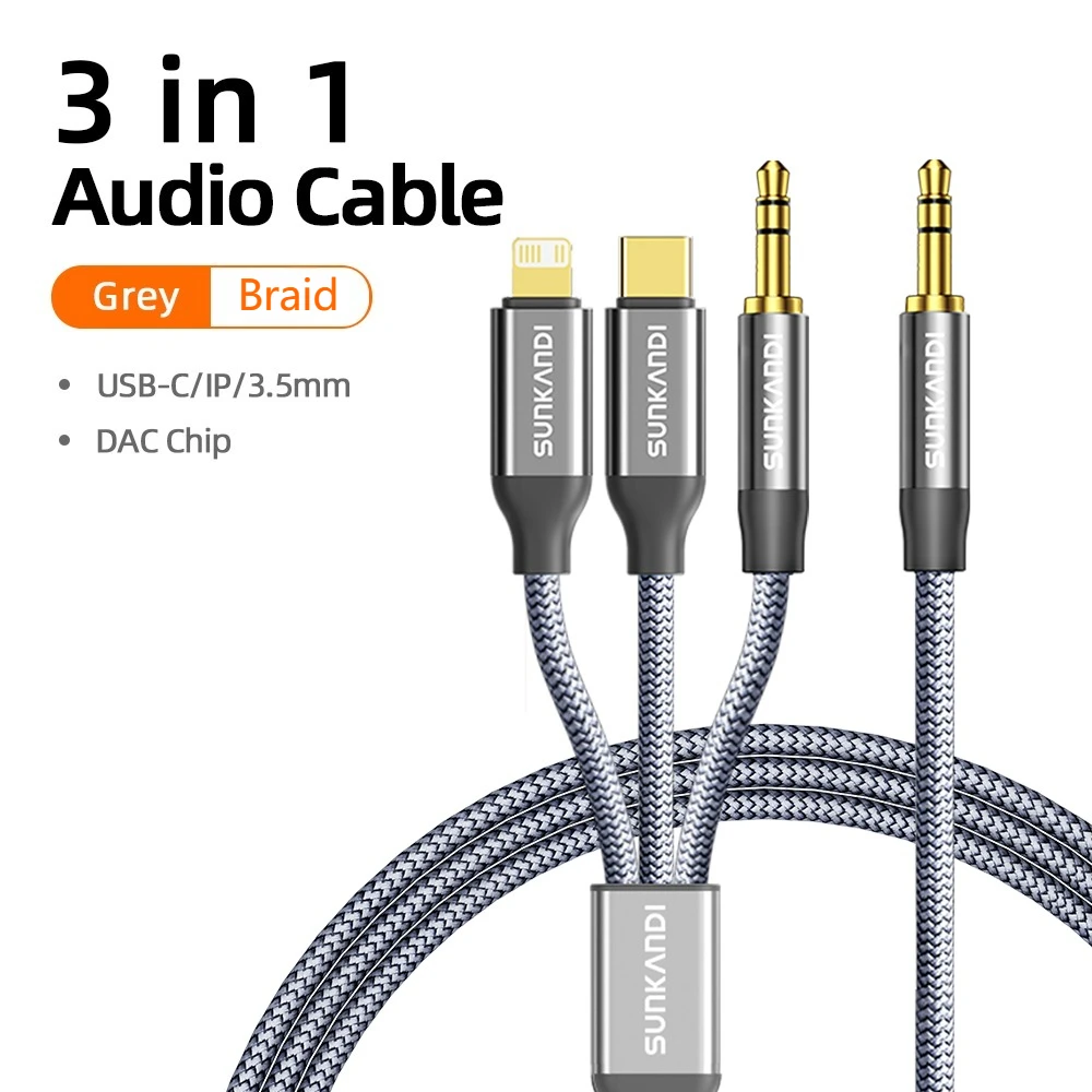 SUNKANDI 3 in 1 3,5 mm naar IP+3,5 mm+USB-C audiokabeladapter voor iPhone iPad autoluidspreker mannelijk naar mannelijk USB-C converterkabel