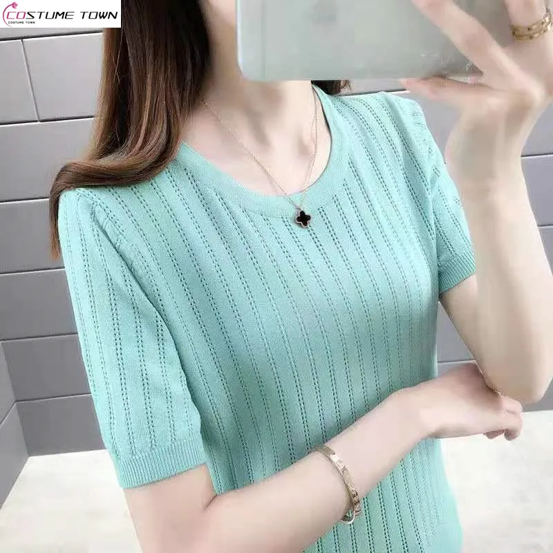 

Ice Silk Short Sleeved T-shirt for Women's 2024 Summer New Round Neck Pullover Hollow Knitted Short Sleeved Top