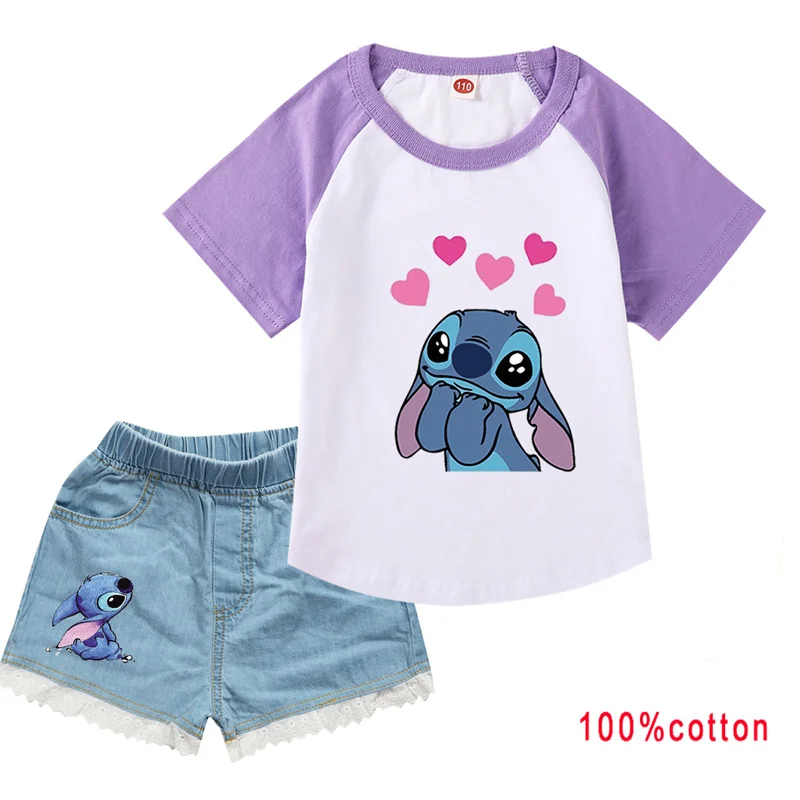 

Lovely Lilo And Stitch Clothes Kids T-shirt Soft Jeans Shorts 2Pcs Sets Baby Girls Outfit Sets Teen Boys Short Sleeve TrackSuit