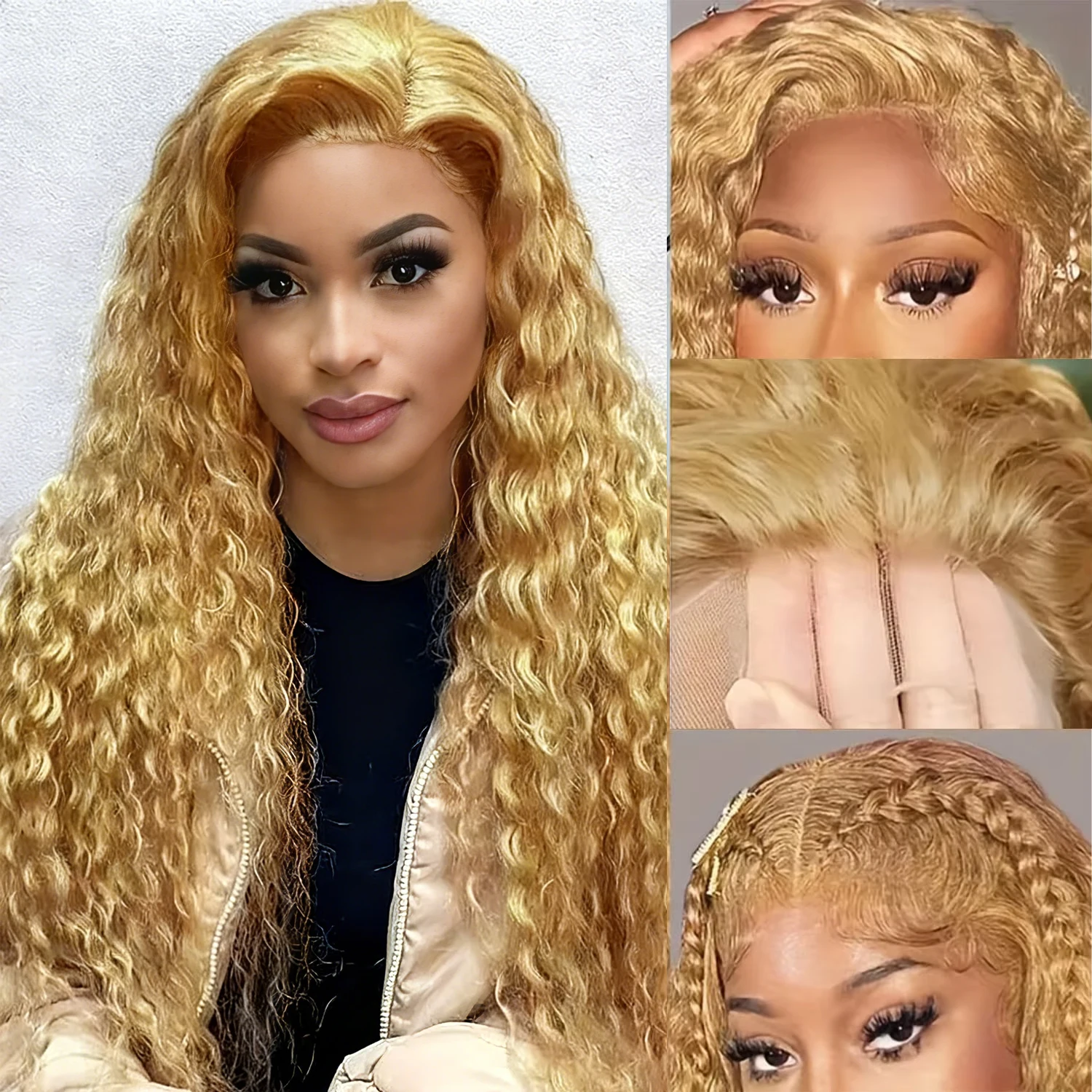 Perruque Blonde miel cheveux humains vague profonde Hd dentelle frontale perruque 13x6 dentelle avant perruque bouclée colorée # 27 Pré-épilé 220 Densité 34 38 pouces