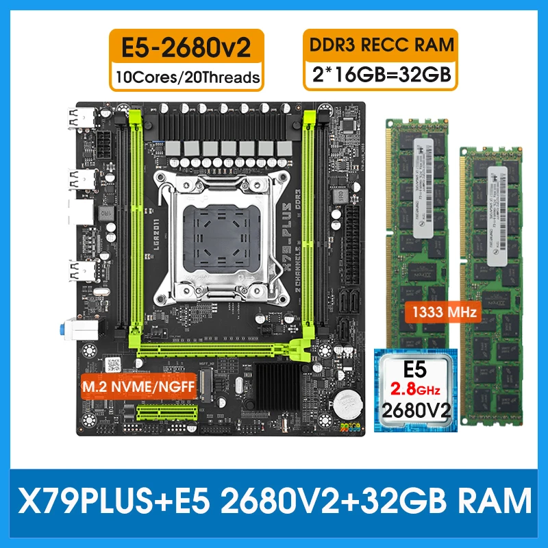 X79 motherboard kit lga2011 processor Xeon E5 2680 V2 CPU 32GB(16GB*2) 1333MHz memory ddr3 ram X79 placa mae Combos with Nvme m2