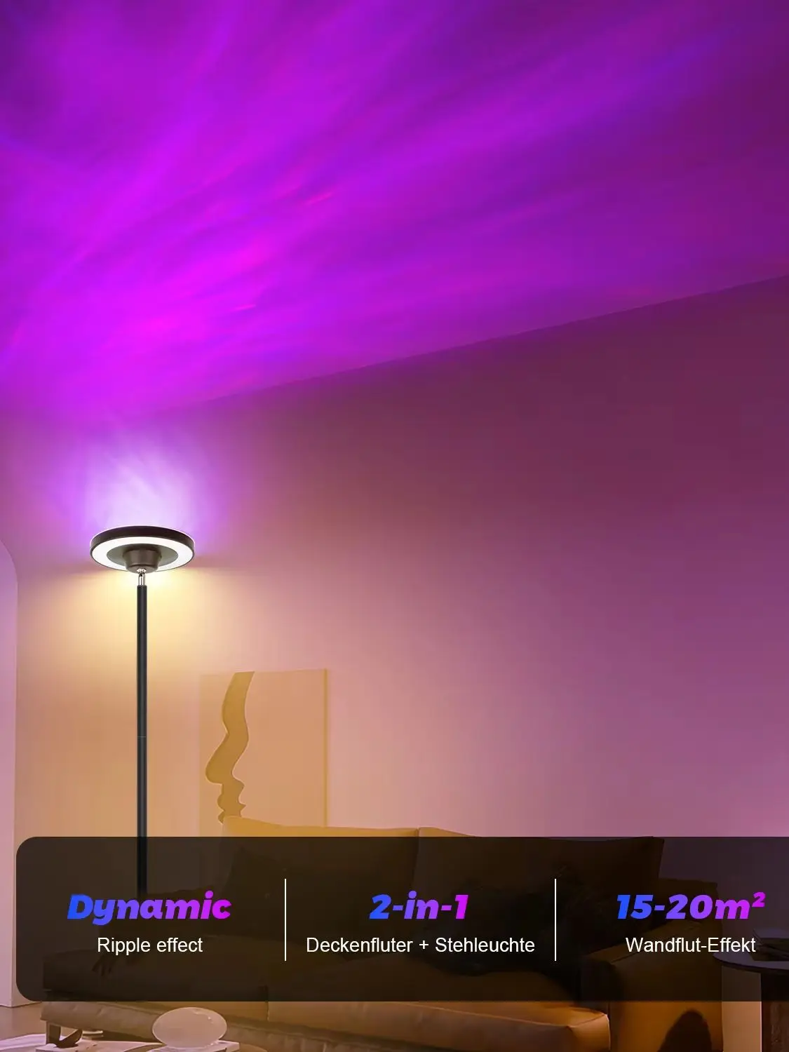 RGB Stehlampe mit Wasserwellen Projektion Fernbedienung Dimmbare LED Stehleuchte mit Leselampe für Wohnzimmer Schlafzimmer