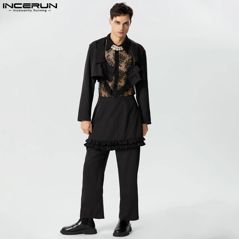 

Stylish Casual Style Sets INCERUN New Men Striped Cropped Suits Pleated Design Skirt Pants Fashionable Male Two-piece Sets S-5XL