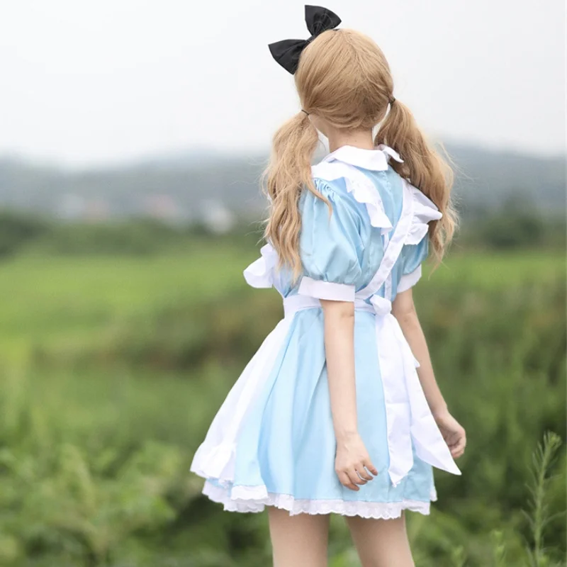 コスプレ衣装,ライトブルーのシャツ,人形の襟,泡の袖,空中ブランコのドレス,白い服,アニメのメイド服