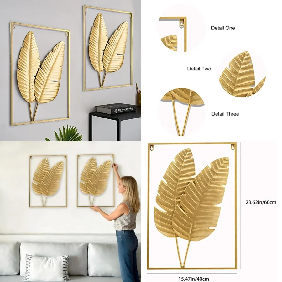 

Набор из 2 золотых металлических настенных украшений в виде листьев с рамкой, современный настенный декор, настенные скульптуры для гостиной