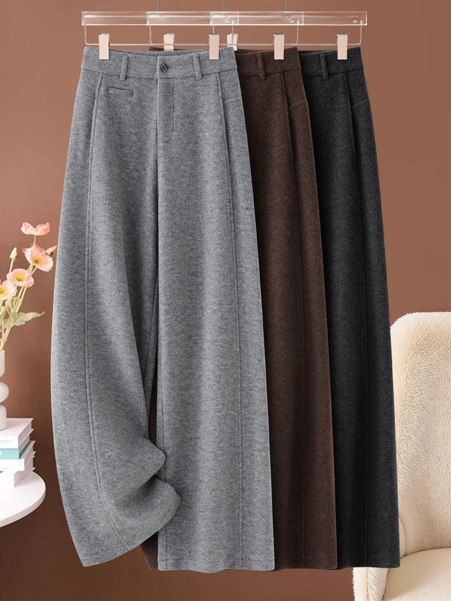 

High Waist Fleece Lined Woolen Narrow Wide Leg Pants Women's Casual Drapey Autumn Winter New Style Soft Plump Straight Rice C...
