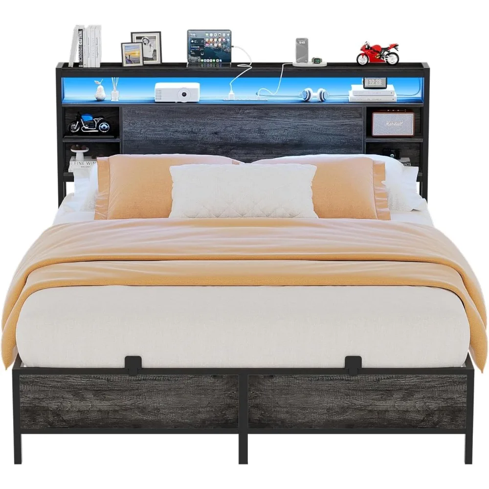 Unikito Twin Size Bed Frame with Charging Station and RGB LED Light, Sturdy Platform Bed with Storage Headboard, Solid Metal Sla