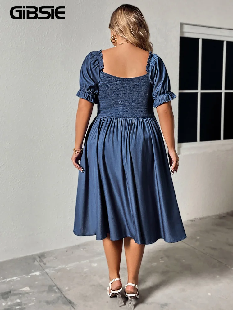 GIBSIE Plus Size Sweetheart Neck Shirring Backless Puff Sleeve Midi Dress Women 2024 Summer Vintage Elegant Party A-Line Dresses