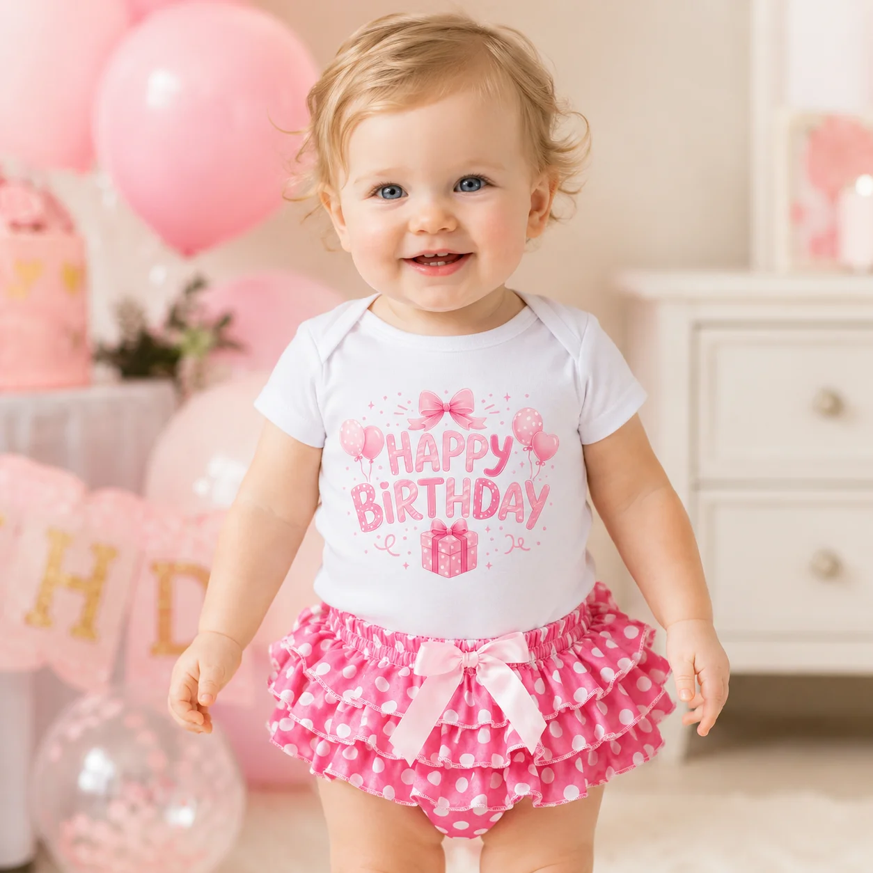 Baby Girl 1st Birthday Outfit 2Pcs Set Happy Birthday Print Short Sleeve Bodysuit + Pink Polka Dot Ruffle Tutu Skirt Toddler Sma