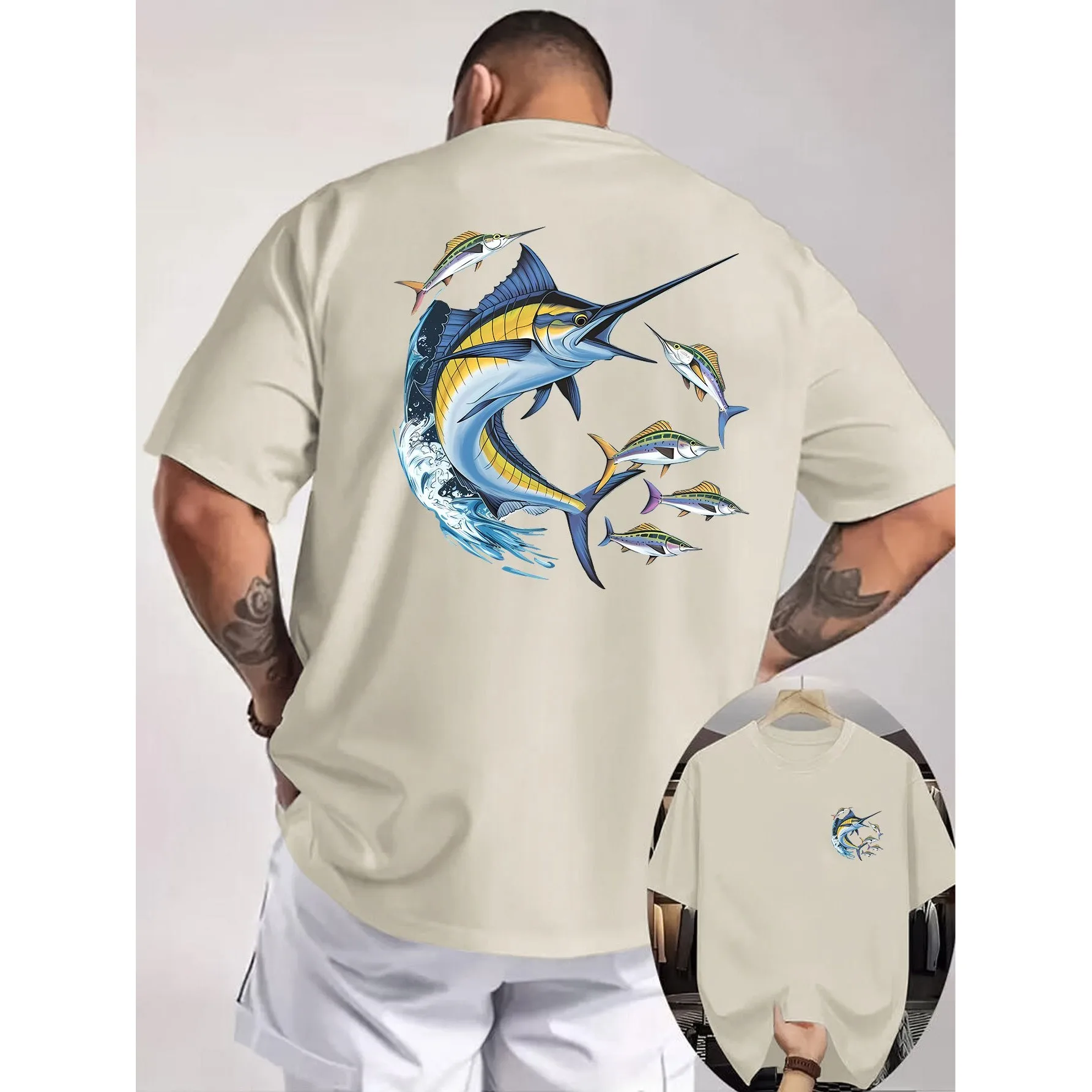 Marlin Fishing Graphic T-Shirt Men's Cotton Oversized Tee Casual Sport Outdoor Top
