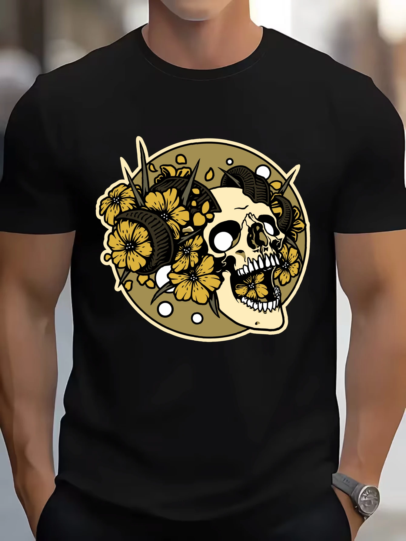 Men's Vintage Skull Print T-Shirt Gothic Rock Style Casual Streetwear Cotton Tees