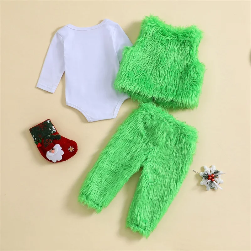 2023-07-20 Lioraitiin 0-24M Newborn Baby Girls Boy Fall Outfits Letter Print Rompers Green Fur Vests Pants Christmas Clothes Set