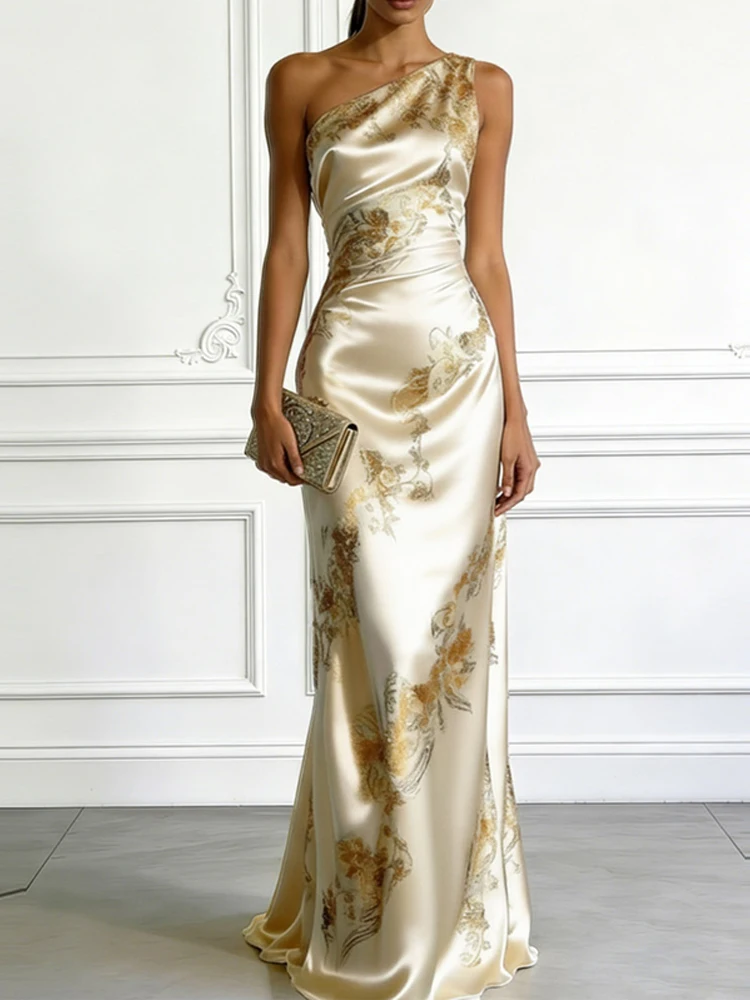 Sexy schulterfreies, figurbetontes Partykleid, lässiges, bedrucktes, langes Urlaubskleid, modisches Damenkleid mit schrägem Ausschnitt und hoher Taille.
