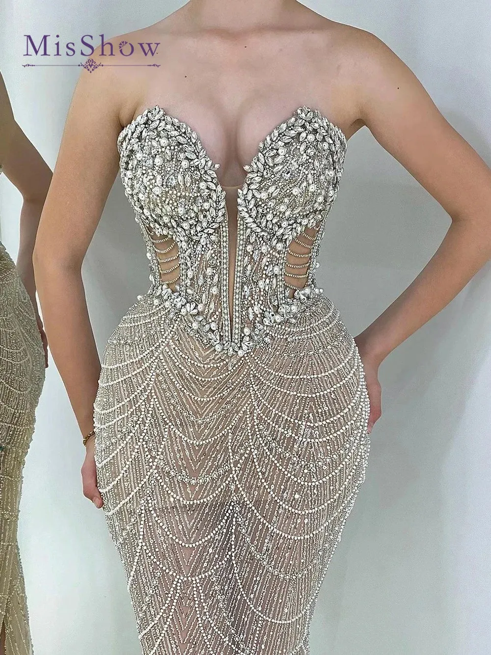 MisShow Nude Strapless Mermaid Luxury Evening Dresses Gowns  Sweetheart Beaded Design Arabic 2024 For Women Wedding Party