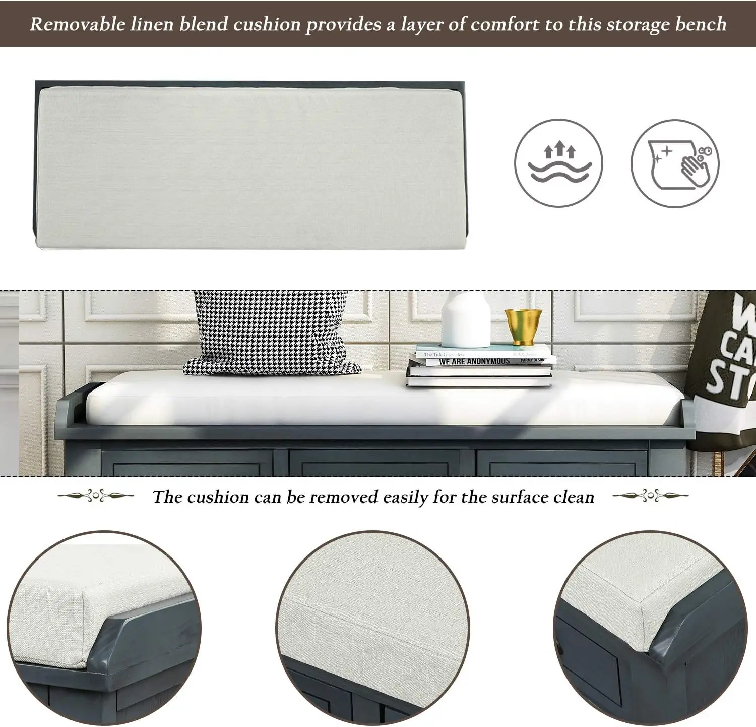 Wood Storage Bench 3 Drawers, 3 Rattan Baskets, Removable Cushion, Antique Navy