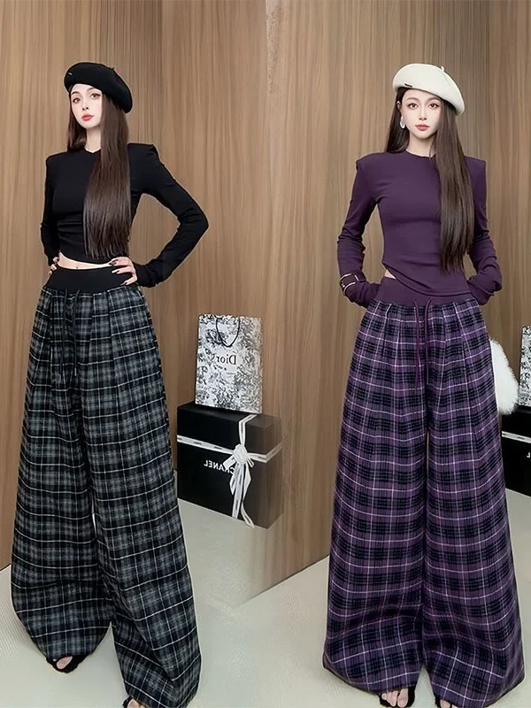

Модный комплект: брюки в клетку с высокой талией и широкими штанинами, футболка, женский весенний новый облегающий костюм, повседневная одежда