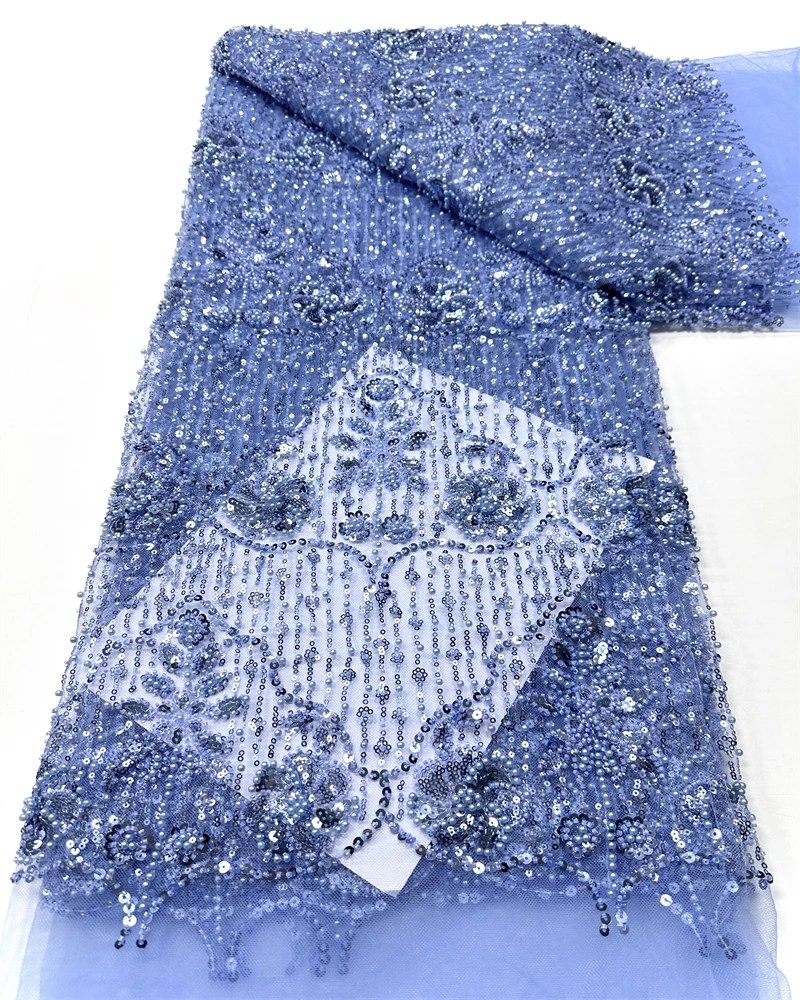 

High Quality African Sequins Beaded Lace Fabric for Wedding Dress Nigerian French Style Embroidery Beadwork 100% Cotton