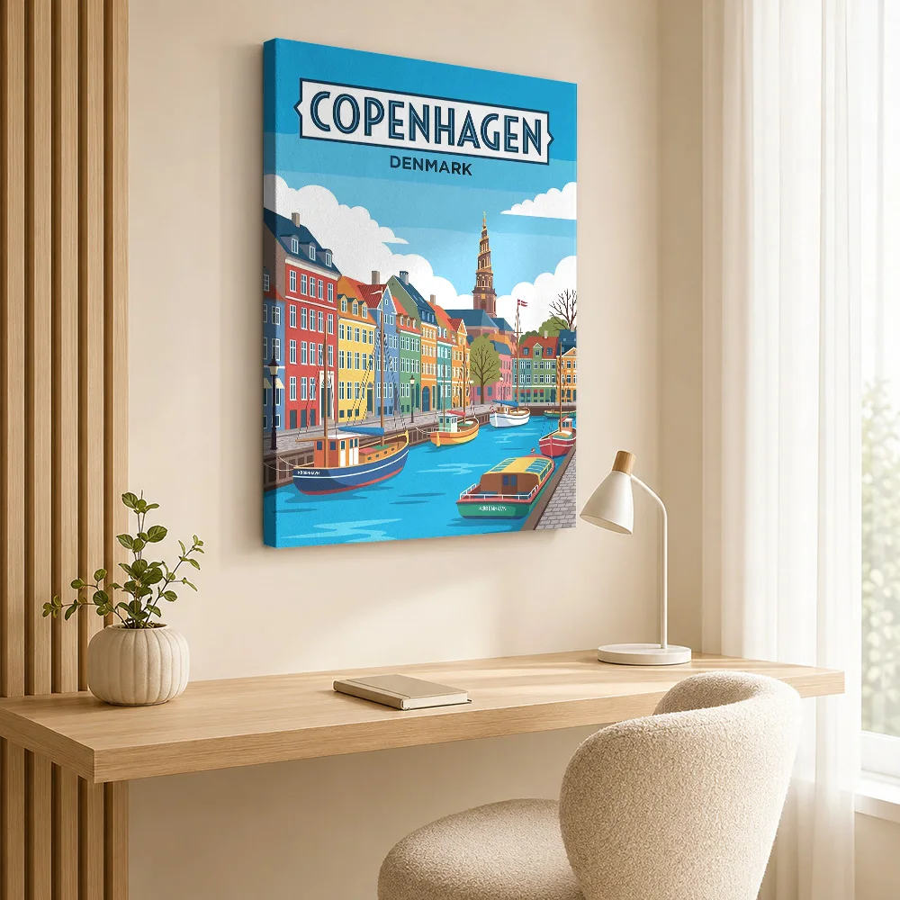 Copenhagen Canal Travel Cityscape Gallery Wrapped Canvas Print Customized Photo Scenic Illustration Wall Art For Living Room