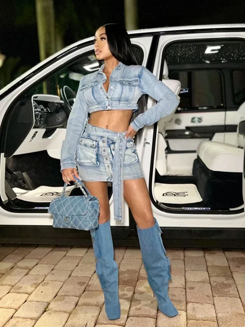 

Streetwear Denim 2 Piece Sets Women Outfit Autumn Clothing Women Jean Jacket Crop Top Mini Skirt Sets Fashion Jean Dress Sets