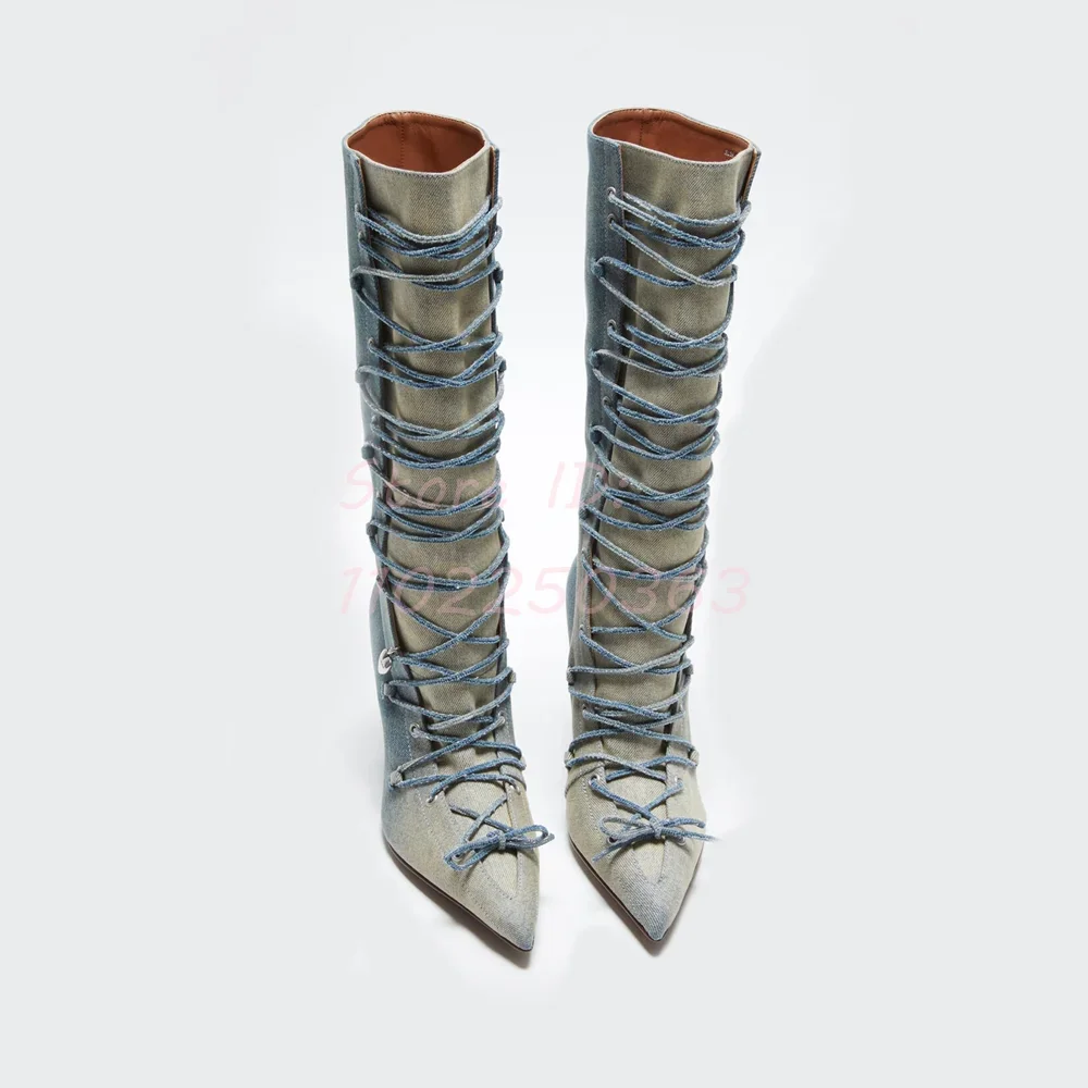 Denim Blue Cross-tied Riding Boots Solid Pointed Lace-up Stilettos Knee-high Boots 2025 Women New Catwalk Fashion Modern Shoes