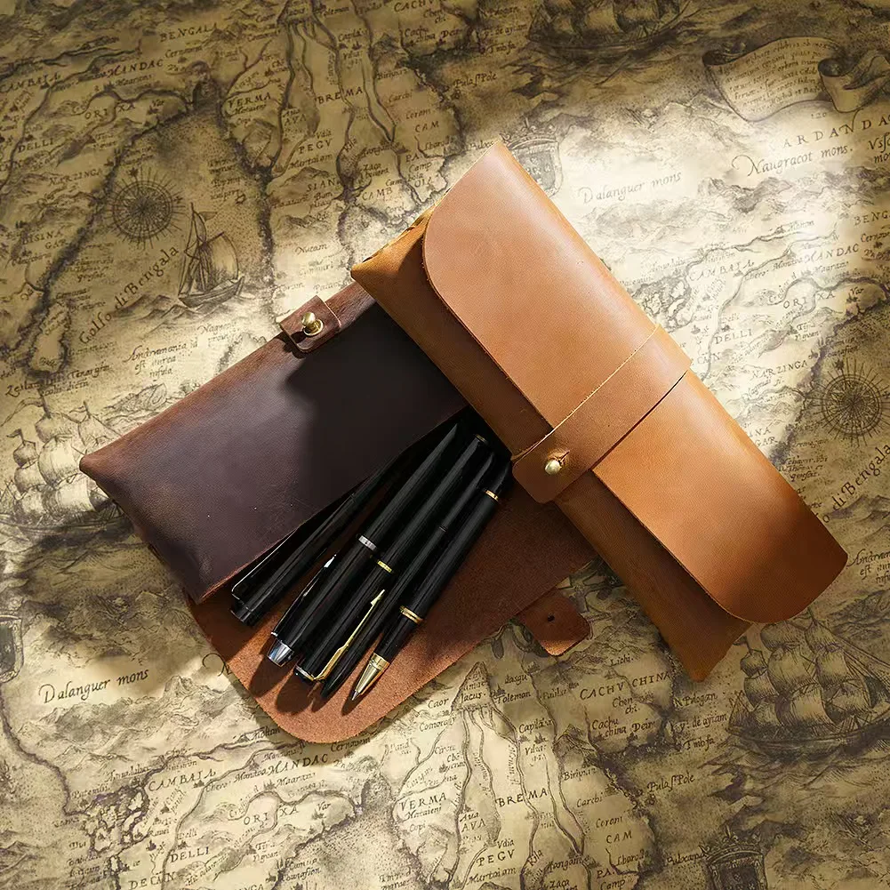 

100% Leather Pencil Case Men's Retro Pen Bag Student Large-capacity Stationery Storage Bag Cowhide Glasses Box Wholesale