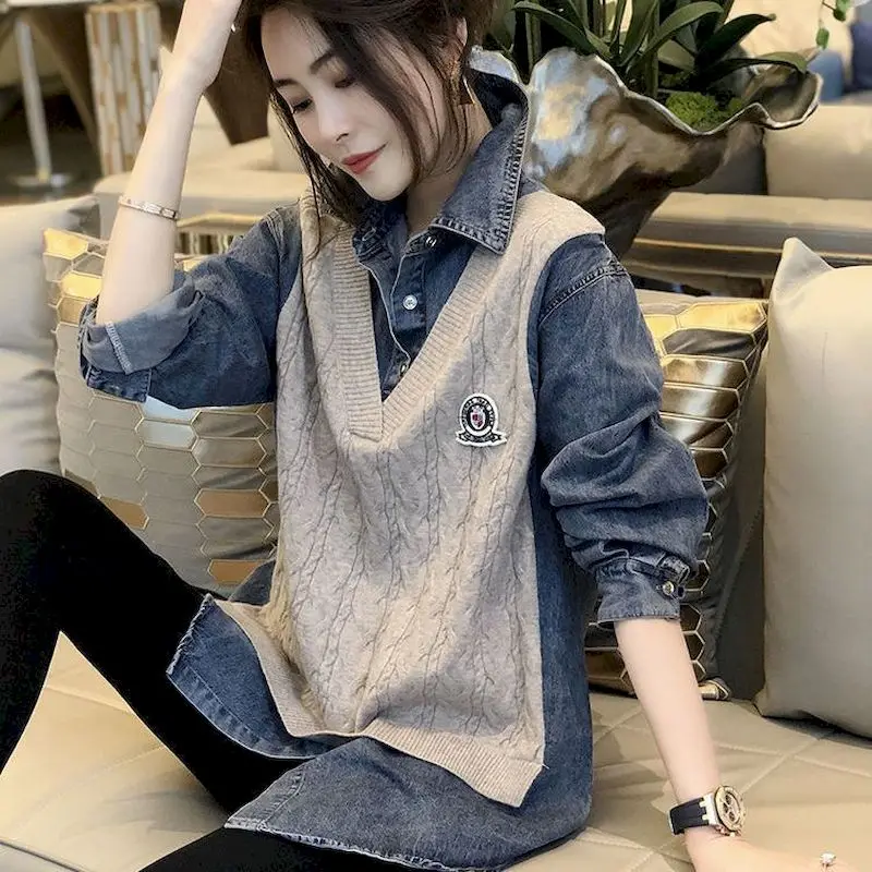 Fashion Denim Splicing Knit Pullovers Women Autumn Trendy 2024 Knitted Pullover Denim Shirt Casual Fake Two-Piece Harajuku Tops