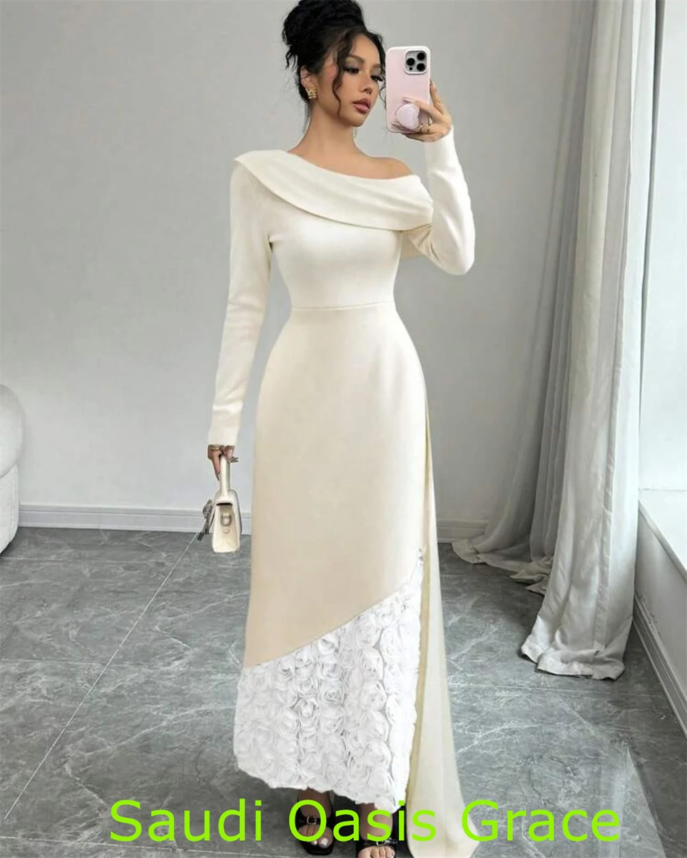 تخصيص مخصصة رائعة الأبيض جيرسي مساء اللباس حساسة قارب الرقبة قبالة الكتف أكمام حزب اللباس الأزياء Pr #2