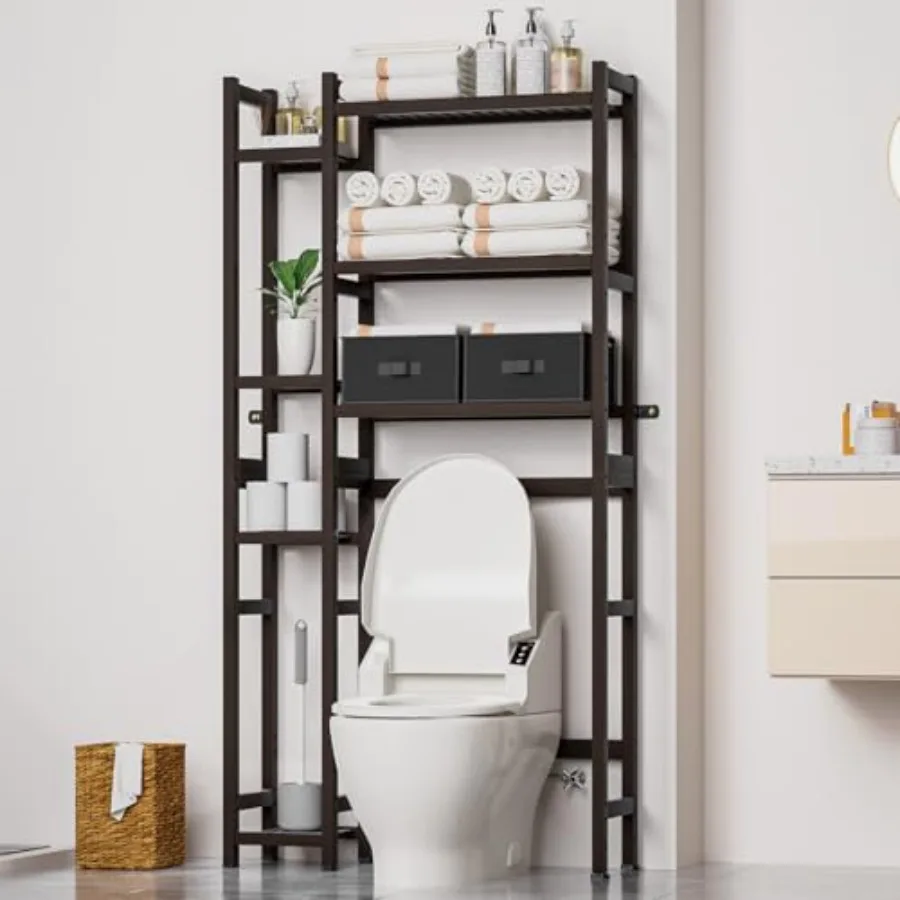 Over The Toilet Storage with Basket and Drawer, Bamboo Bathroom Organizer with Adjustable Shelf and Waterproof Feet Pad, Space