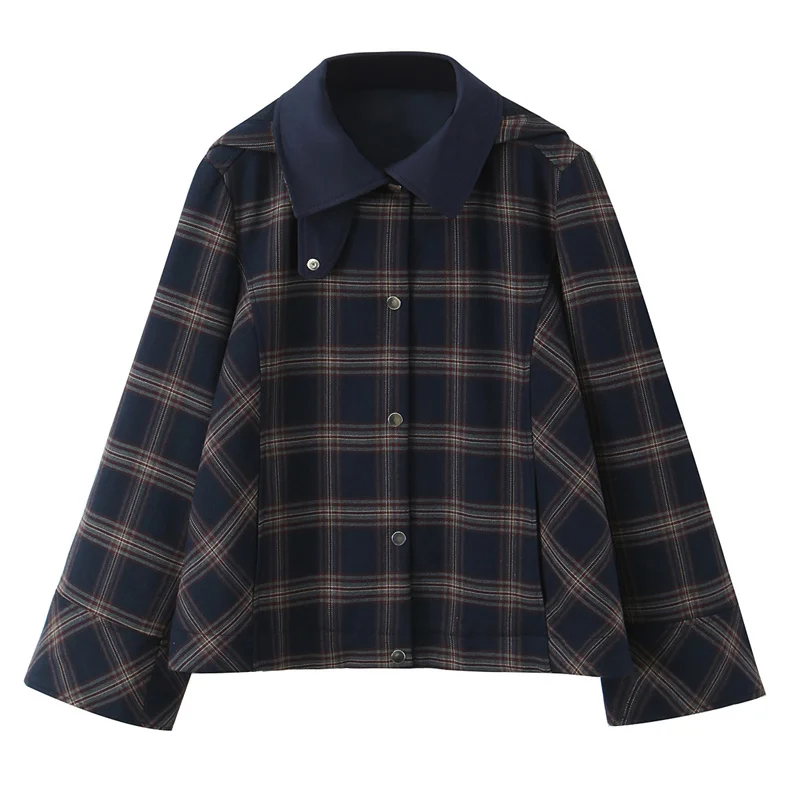 レディーススーツ 2025 冬新作 ディープブルー チェック柄 長袖 ルーズ フーディージャケット＆ワークパンツセット おしゃれでスタイリッシュ