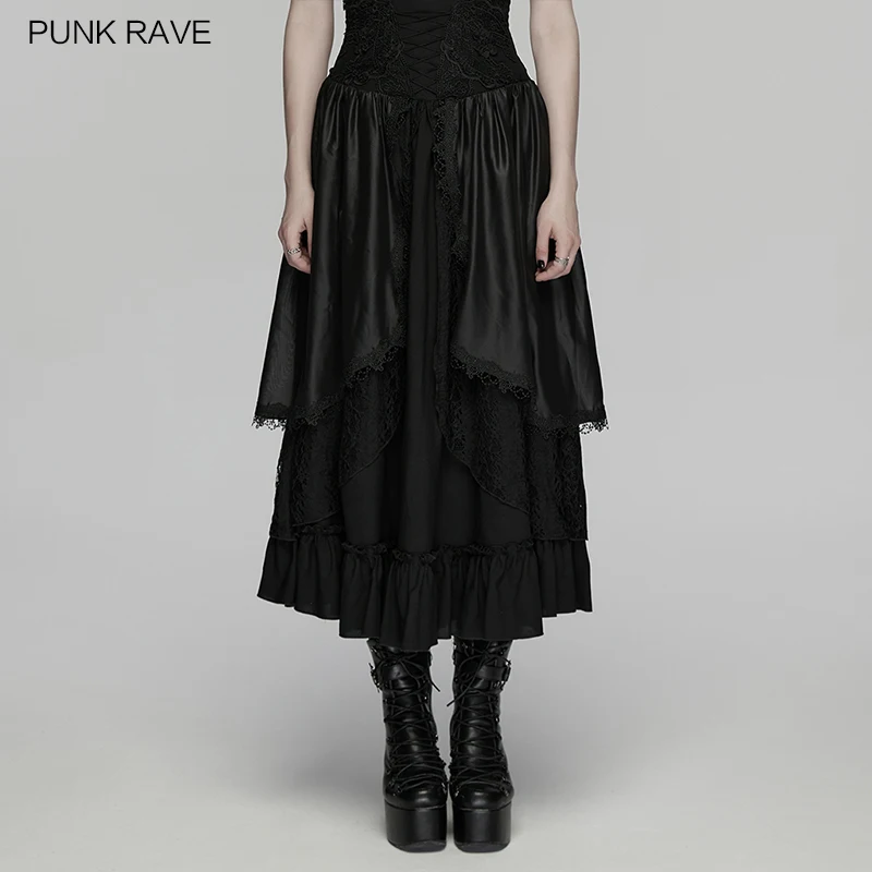 PUNK RAVE Women's Forest Gothic Linen Lace Chiffon 3d Folds Visual Multi Layered Artistic Charm Skirt Party Club Long Skirts