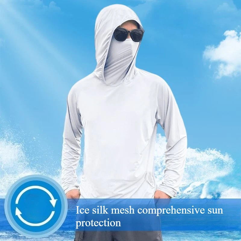 Summer Men's Hooded Sunscreen Clothing Long Sleeves Ultra-thin Ice Silk Coolchill Fabric Outdoor Cycling Fishing Mesh Pullover
