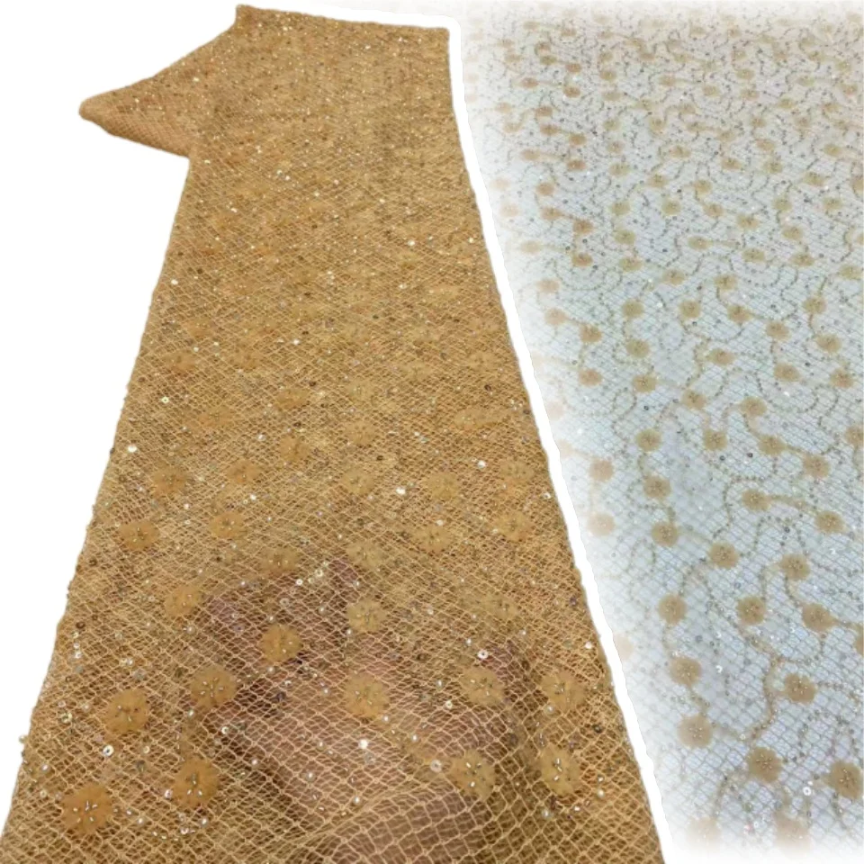 

Yellow French Tulle Handmade Beaded Lace Fabric 2026 High Quality African Nigerian Sequin Lace Fabric for Wedding Sewing 2207