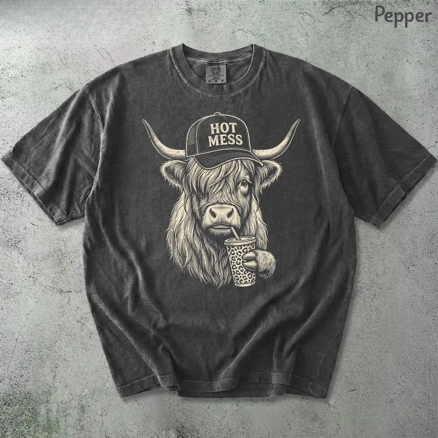 Hot Mess Highland Cow Shirt, Funny Cute Coffee Lover Tee, Rustic Western Farm Animal Humor, Cowgirl  T-shirt view 3