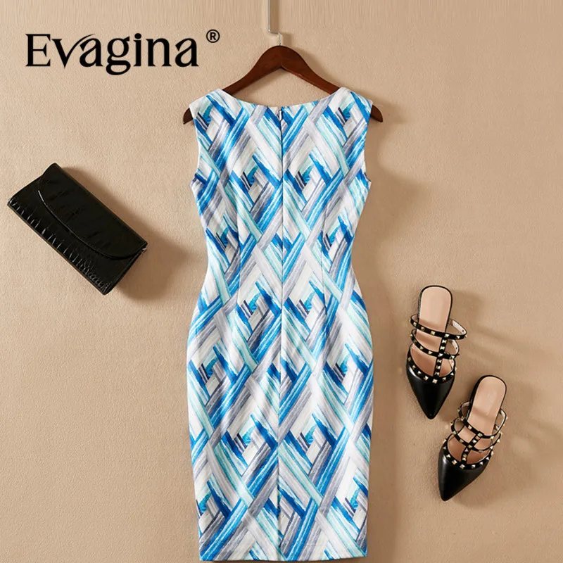 Evagina Fashion Design Spring Summer Women's Sleeveless Printing Pretty Slim-Fit Hip Wrap High Street Light Blue S-XXL Dresses