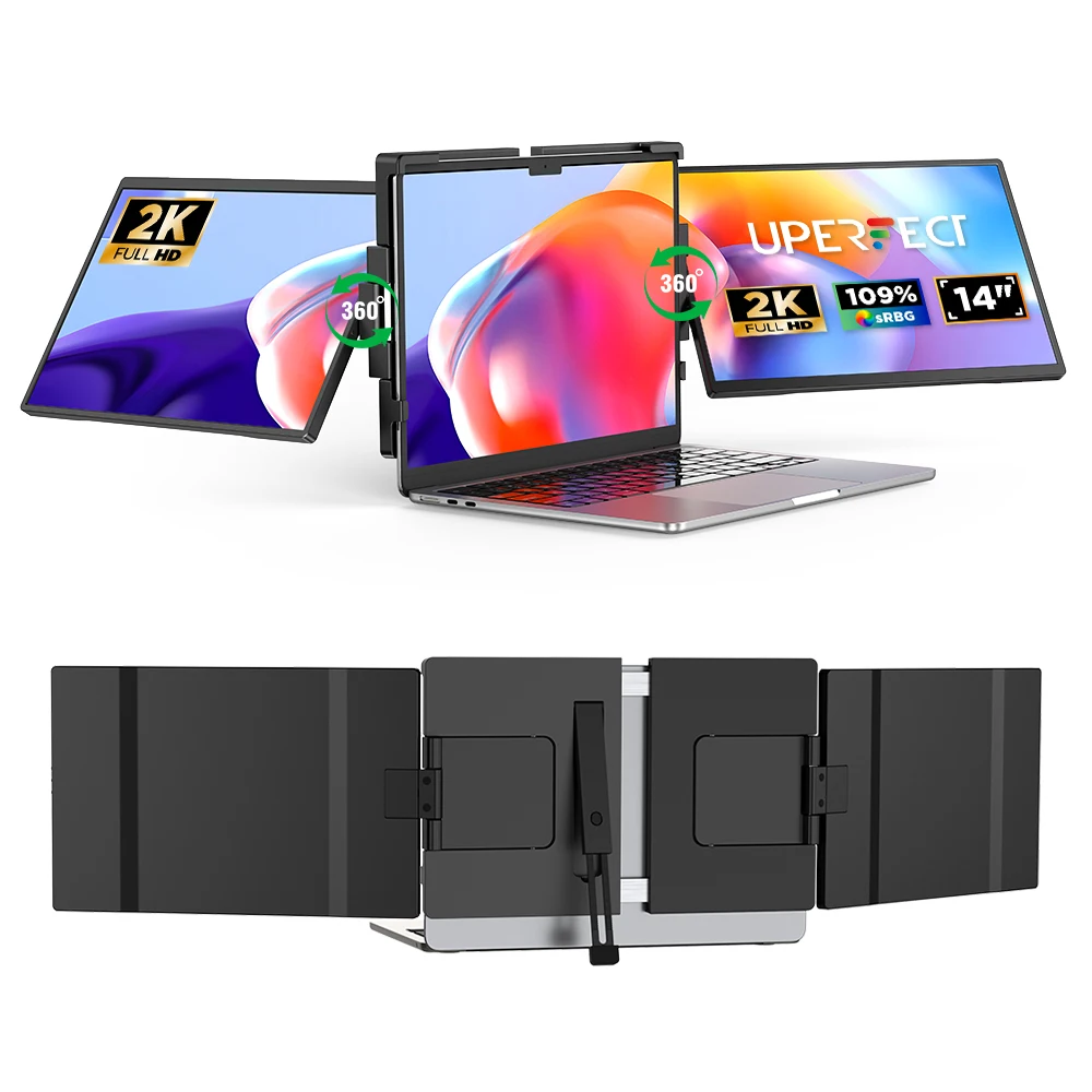 UPERFECT first 2K 14" Tri Screen Laptop Monitor Extender Triple Display 360° Rotatable Attachable Portable Monitor for Laptop