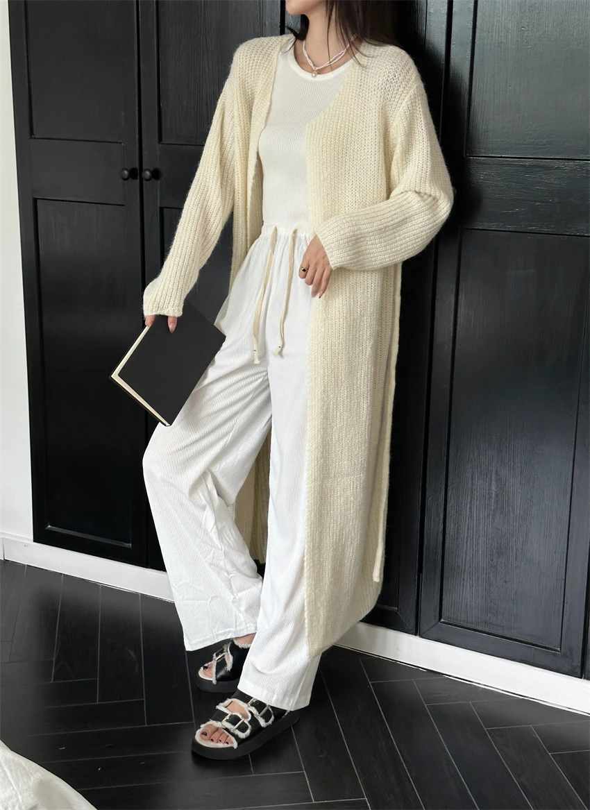 

New long and lazy style spring and autumn women's slimming temperament simple lace up loose knit cardigan sweater jacket