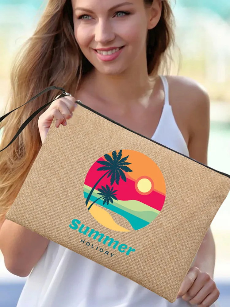 Hello Summer Linen Clutch Bag Women\'s Makeup Bags Beach Holiday Sunglasses Sunscreen Storage Pouches Travel Wash Organizer Gifts