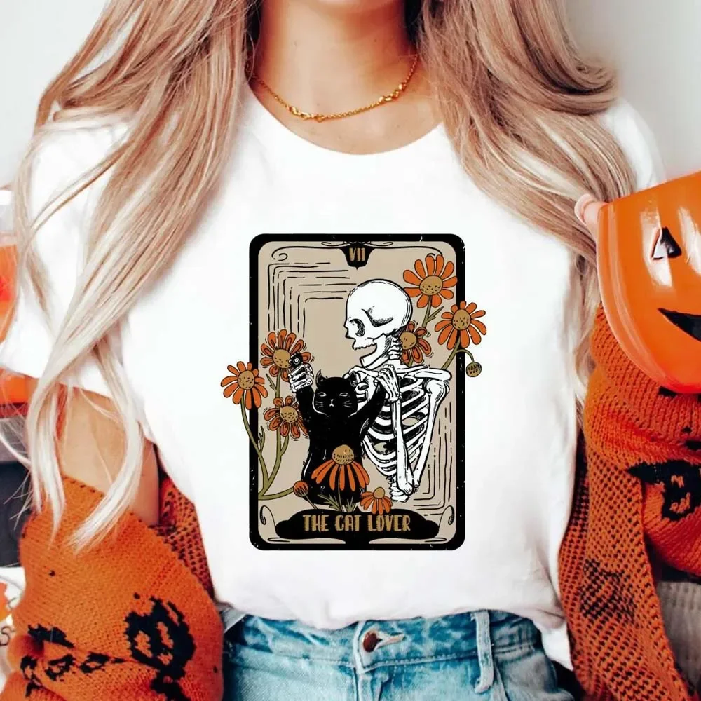 Retro Black Cat and Skeleton The Cat Lover Tarot Card 90s T-Shirt Women's Fashion Short Sleeve Round Neck Printed Clothing T-Shi