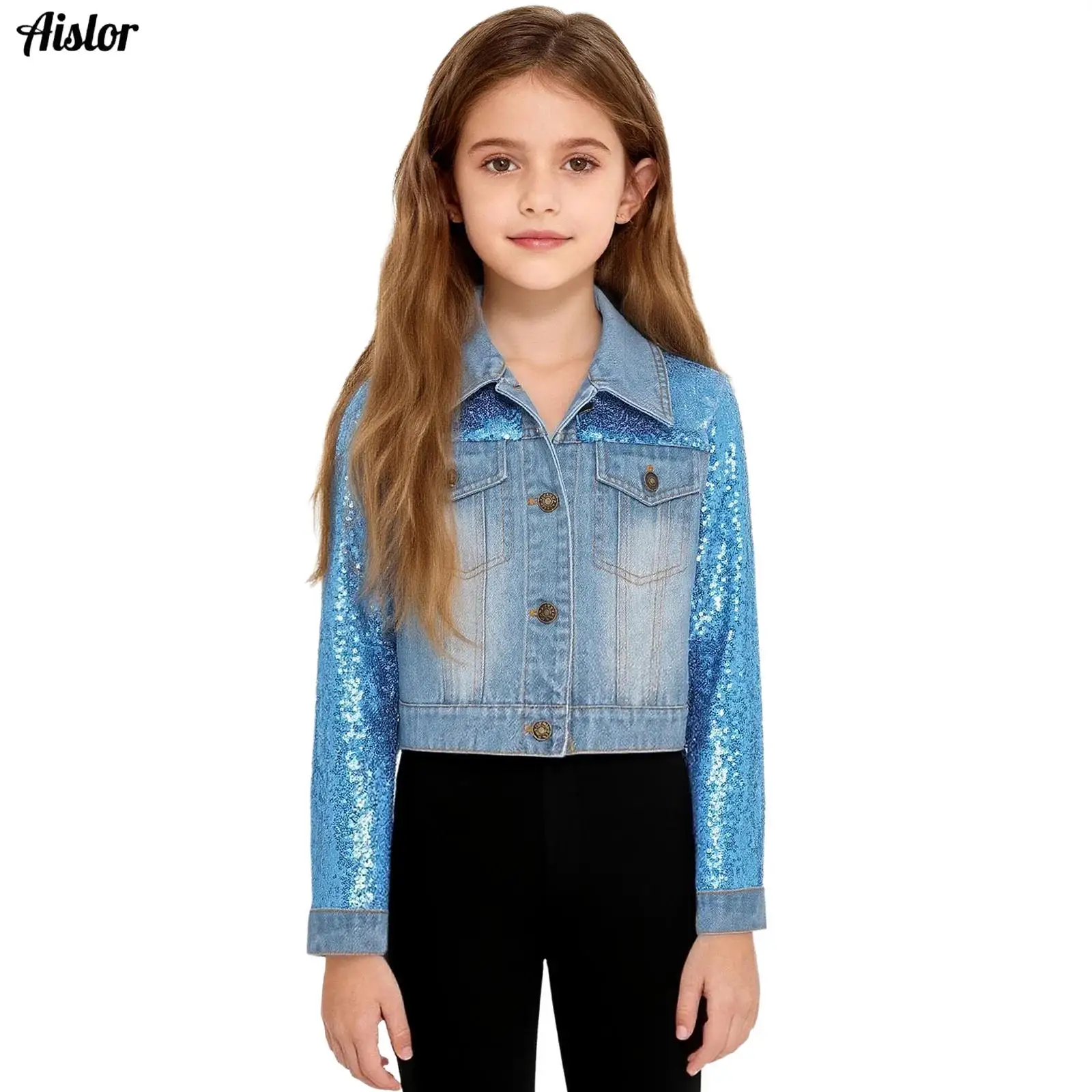 

Kids Girls Sequined Denim Jacket Spring Autumn Long Sleeves Turn-Down Collar Buttons Coat with Flap Pockets Fashion Outerwear