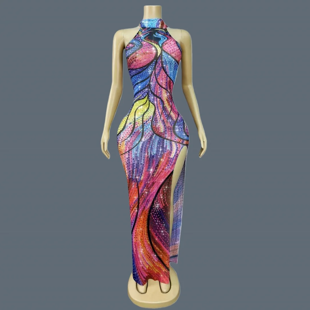 

Sparkly Rhinestone High Side Slits Evening Gown Colorful Spandex Elegant Long Dresses Birthday Party Photo Shoot Wear Caiyanliao