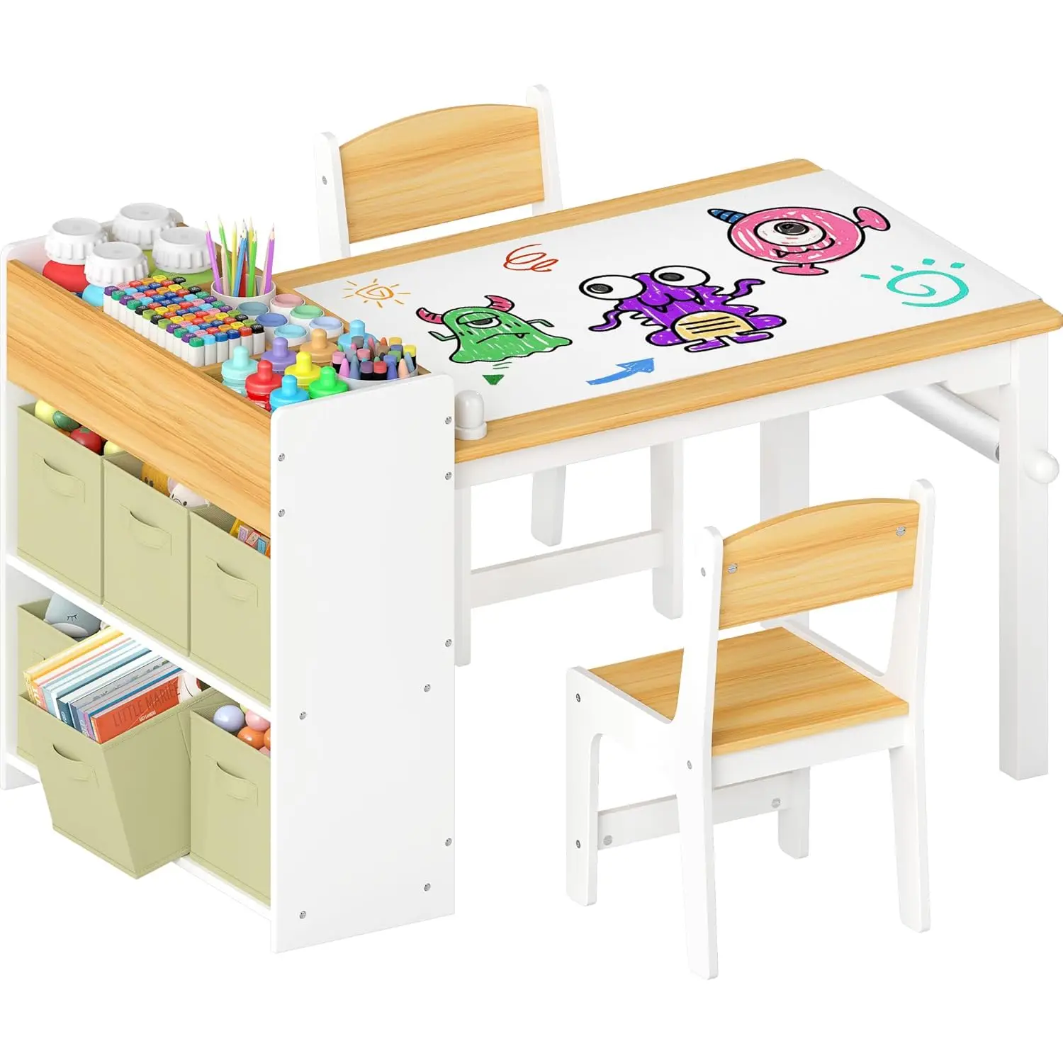 Kids Art Table and Chairs, Wooden Kids Craft Table and Chairs with Storage Bins and Paper Roll, Toddler Activity, Customized