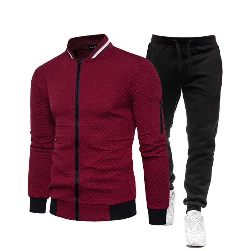 Men Diamond Quilted Zipper Jacket Jogger Pants Set Stand Collar Casual Sports Tracksuit Outfit Set view 6
