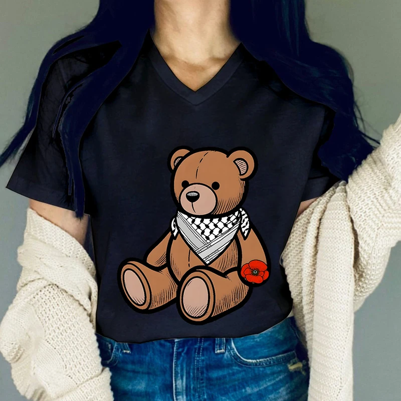 Teddy Bear with Palestinian and Poppy T-Shirt Women Summer Fashion Casual Streetwear Tops Short Sleeve V-Neck Bear Trend Tshirt