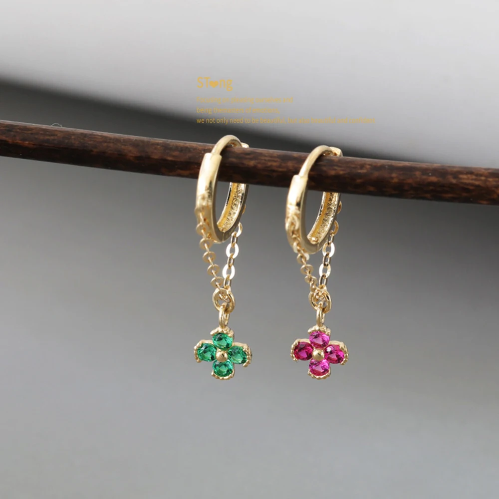 新作s925スターリングシルバー8kゴールドメッキイヤリング-レディース-四つ花-小花-ジルコニア埋め込み-イヤーボーンバックル